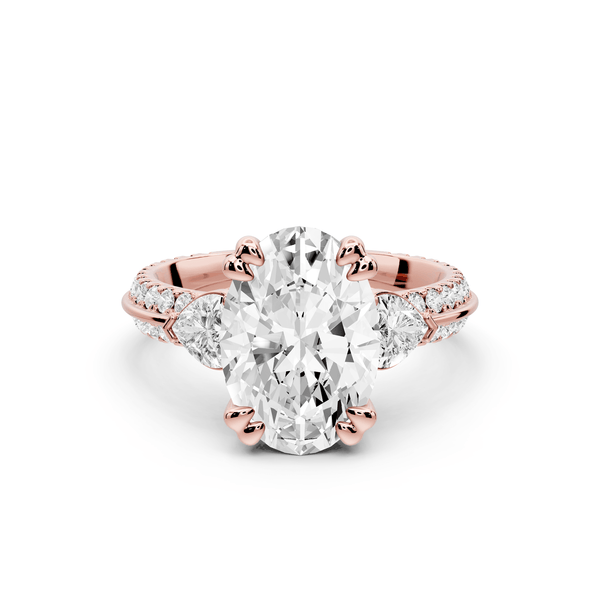 Elinor - 3ct 18k rose gold oval diamond Double talon prongs with two heart side stones and rollover pavé engagement ring - Mr. Alex Jewelry