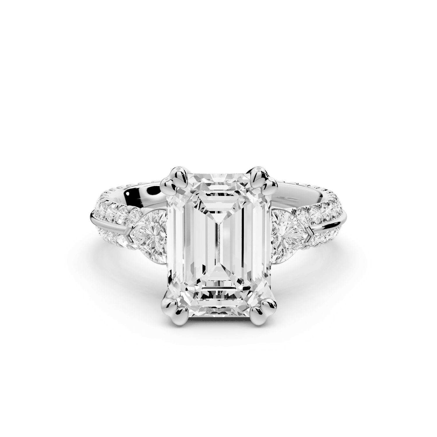 Elinor - 3ct 18k white gold emerald diamond Double talon prongs with two heart side stones and rollover pavé engagement ring - Mr. Alex Jewelry