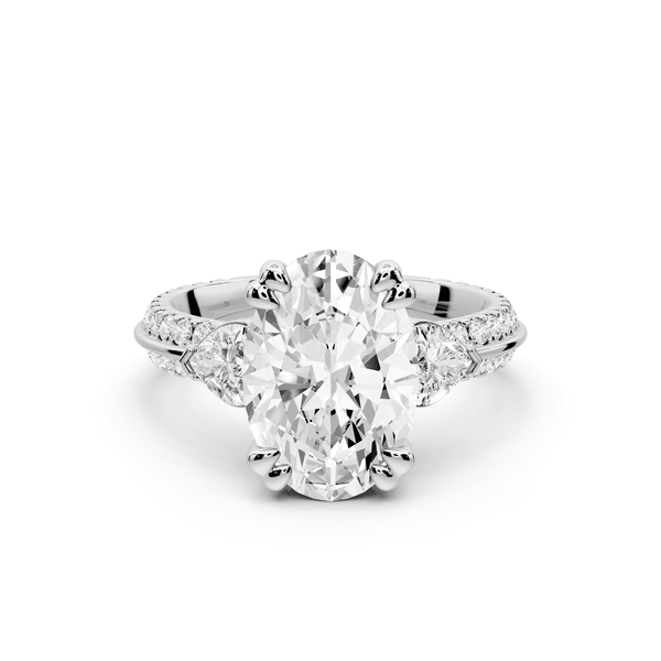 Elinor - 3ct 18k white gold oval diamond Double talon prongs with two heart side stones and rollover pavé engagement ring - Mr. Alex Jewelry