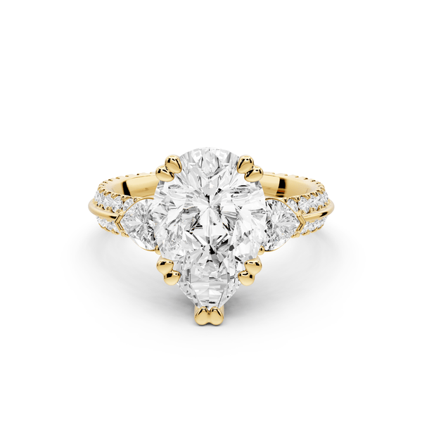 Elinor - 3ct 18k yellow gold pear diamond Double talon prongs with two heart side stones and rollover pavé engagement ring - Mr. Alex Jewelry