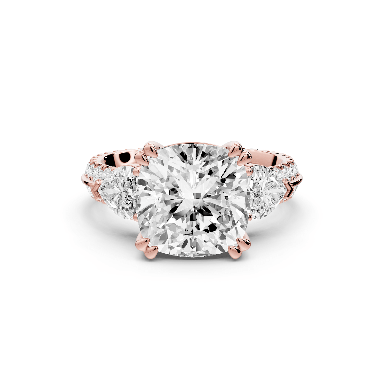 Elinor - 4ct 14k rose gold cushion diamond Double talon prongs with two heart side stones and rollover pavé engagement ring - Mr. Alex Jewelry
