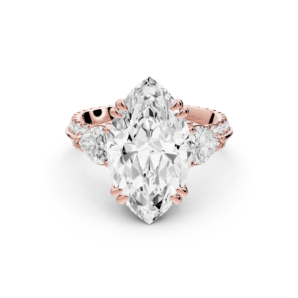 Elinor - 4ct 14k rose gold marquise diamond Double talon prongs with two heart side stones and rollover pavé engagement ring - Mr. Alex Jewelry