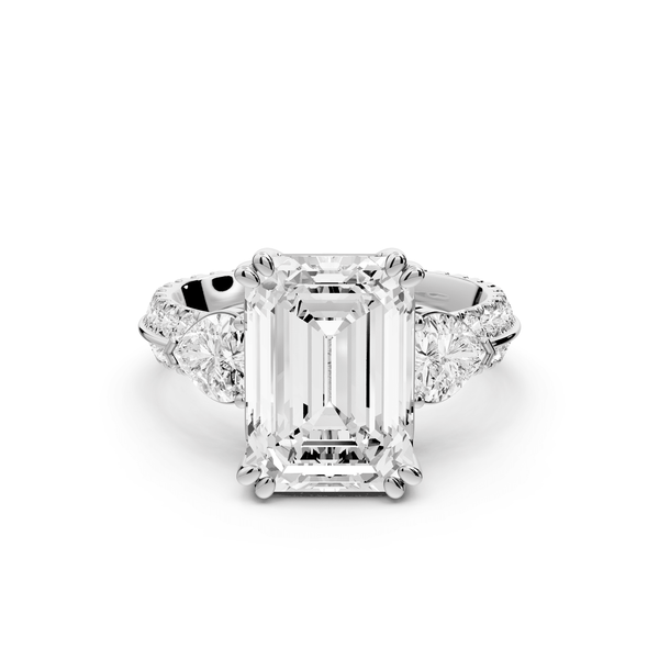 Elinor - 4ct 18k white gold emerald diamond Double talon prongs with two heart side stones and rollover pavé engagement ring - Mr. Alex Jewelry