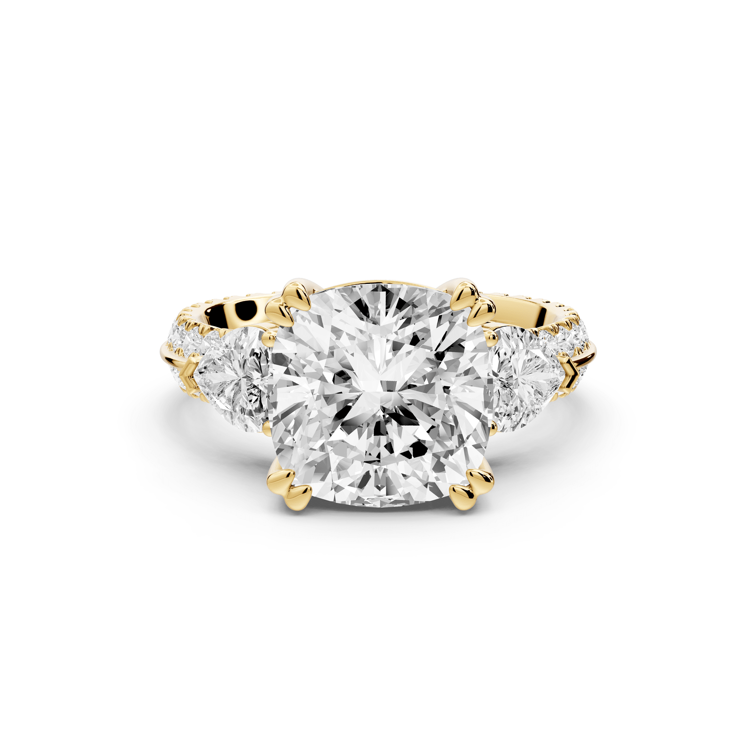 Elinor - 4ct 18k yellow gold cushion diamond Double talon prongs with two heart side stones and rollover pavé engagement ring - Mr. Alex Jewelry