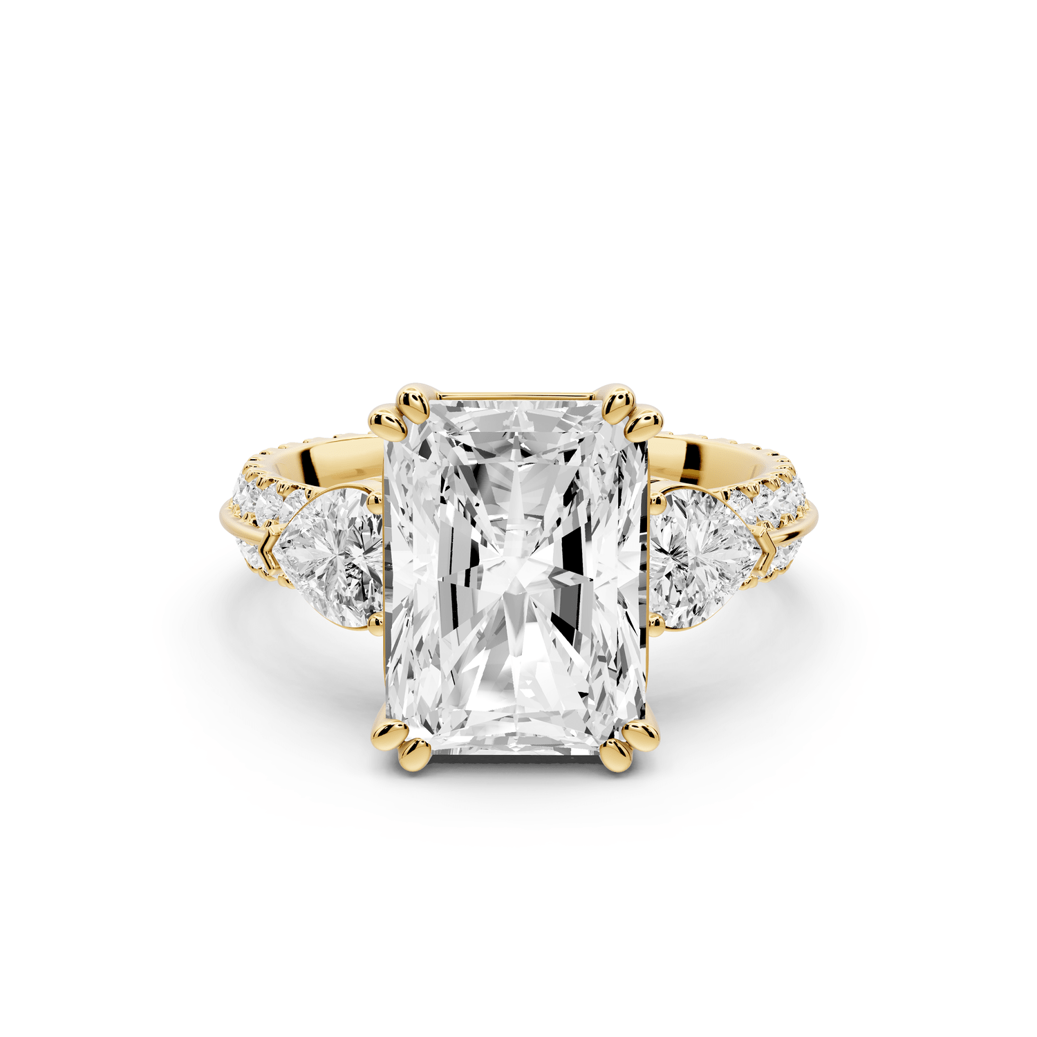 Elinor - 4ct 18k yellow gold radiant diamond Double talon prongs with two heart side stones and rollover pavé engagement ring - Mr. Alex Jewelry