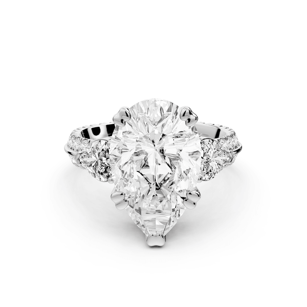 Elinor - 4ct platinum pear diamond Double talon prongs with two heart side stones and rollover pavé engagement ring - Mr. Alex Jewelry