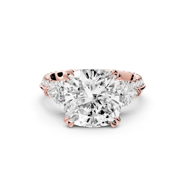 Elinor - 5ct 14k rose gold cushion diamond Double talon prongs with two heart side stones and rollover pavé engagement ring - Mr. Alex Jewelry