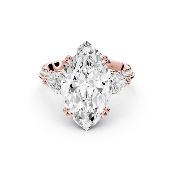 Elinor - 5ct 14k rose gold marquise diamond Double talon prongs with two heart side stones and rollover pavé engagement ring - Mr. Alex Jewelry
