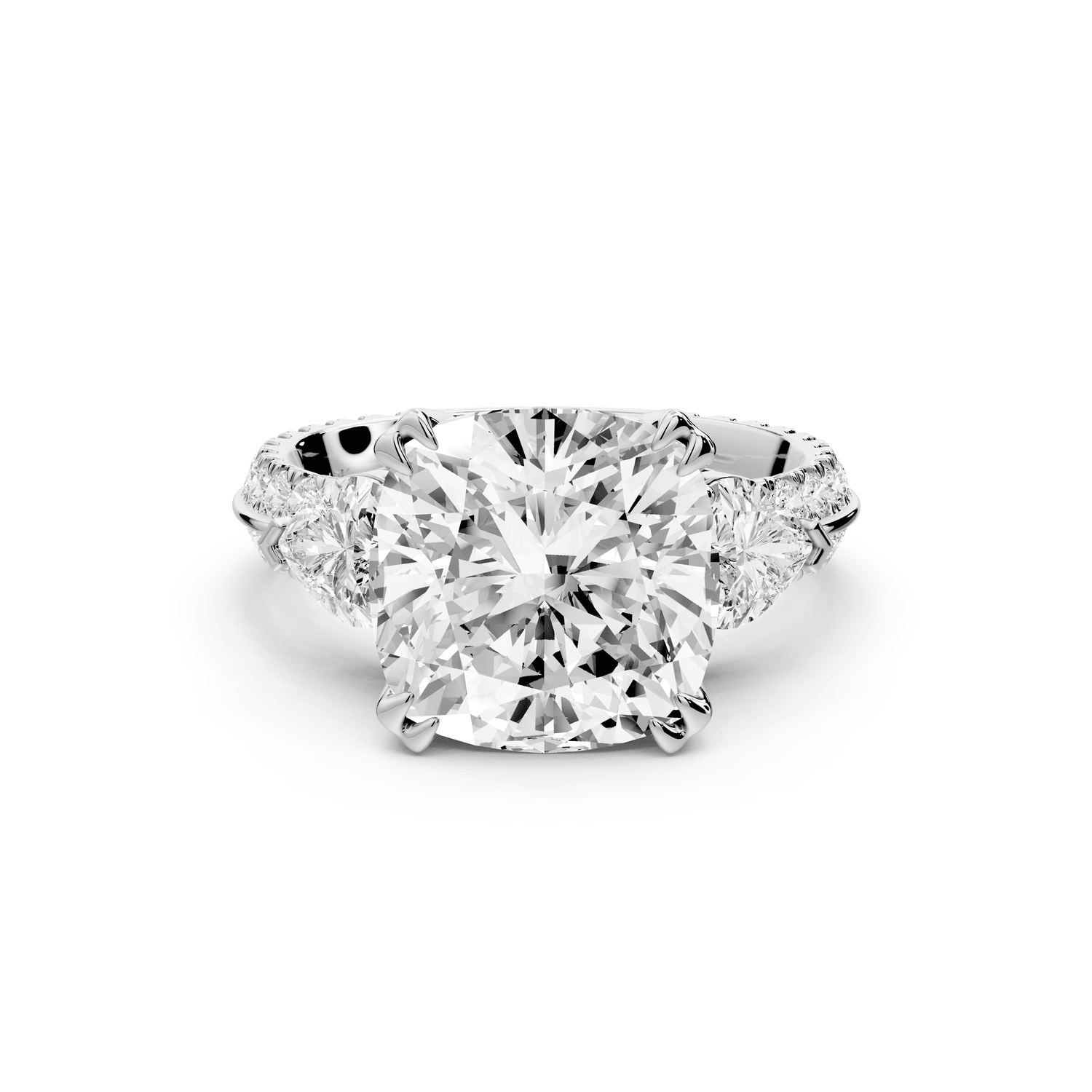 Elinor - 5ct 14k white gold cushion diamond Double talon prongs with two heart side stones and rollover pavé engagement ring - Mr. Alex Jewelry