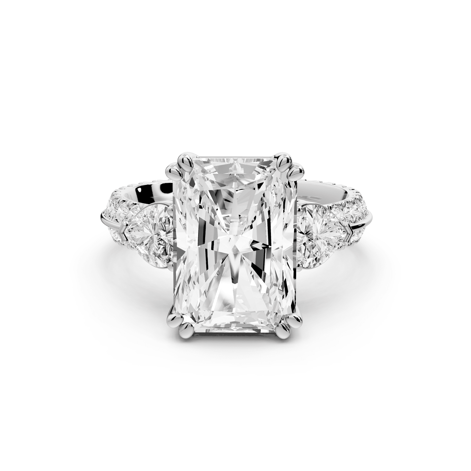Elinor - 5ct 14k white gold radiant diamond Double talon prongs with two heart side stones and rollover pavé engagement ring - Mr. Alex Jewelry