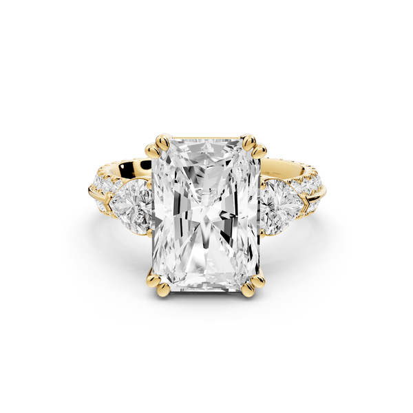 Elinor - 5ct 14k yellow gold radiant diamond Double talon prongs with two heart side stones and rollover pavé engagement ring - Mr. Alex Jewelry