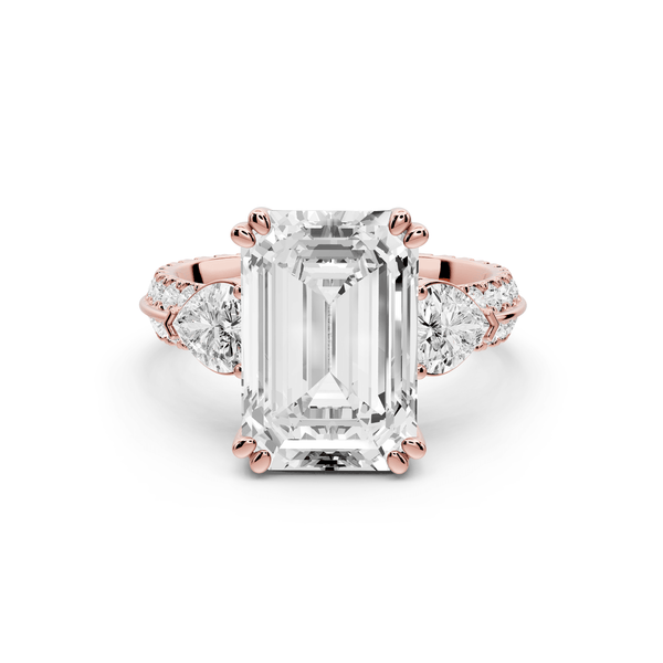 Elinor - 5ct 18k rose gold emerald diamond Double talon prongs with two heart side stones and rollover pavé engagement ring - Mr. Alex Jewelry