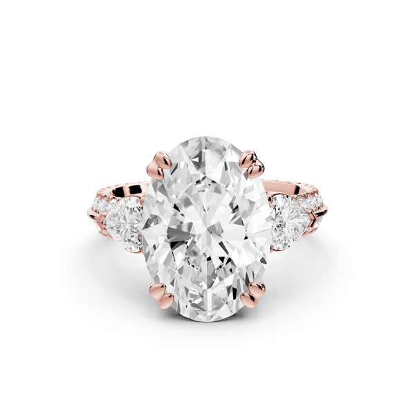 Elinor - 5ct 18k rose gold oval diamond Double talon prongs with two heart side stones and rollover pavé engagement ring - Mr. Alex Jewelry