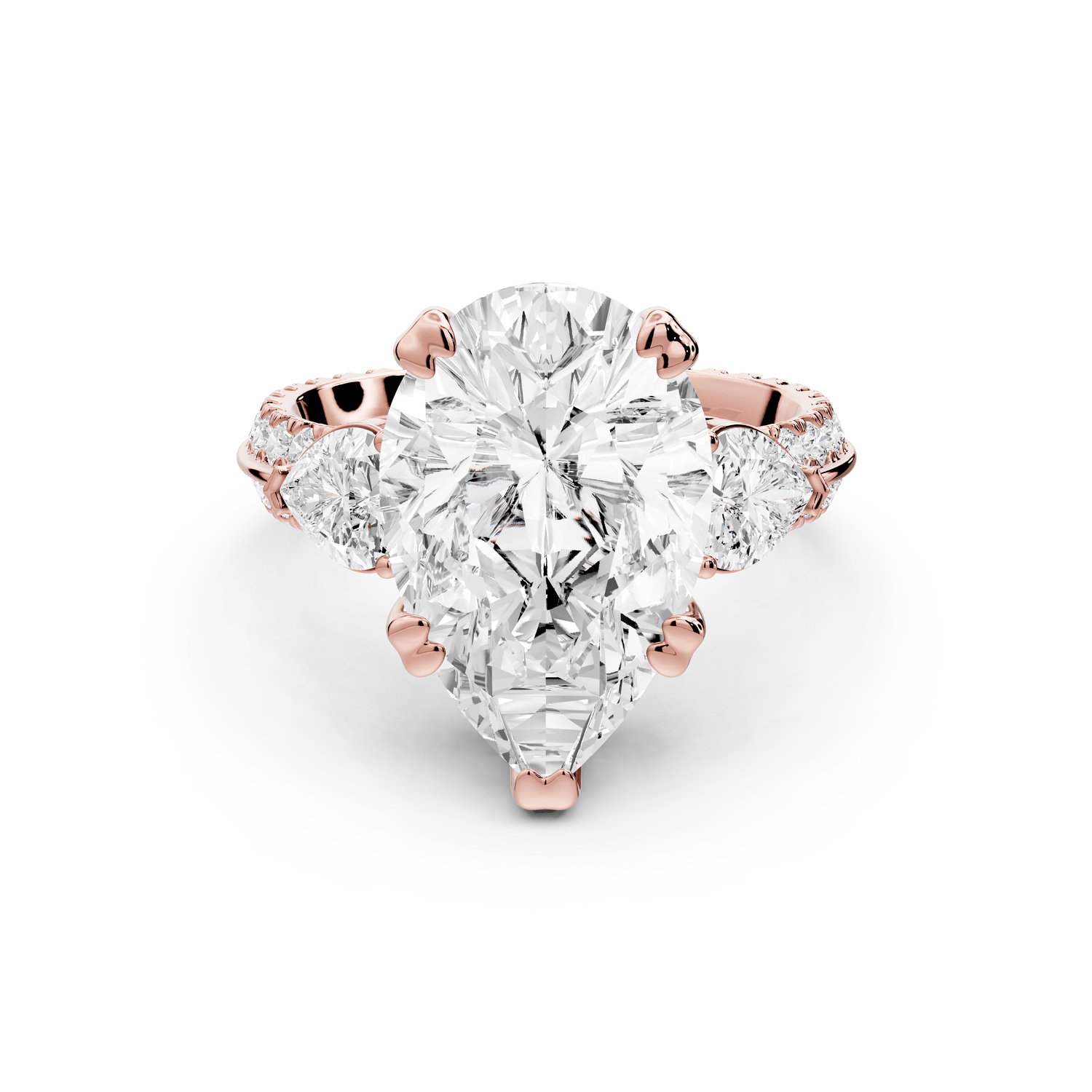 Elinor - 5ct 18k rose gold pear diamond Double talon prongs with two heart side stones and rollover pavé engagement ring - Mr. Alex Jewelry