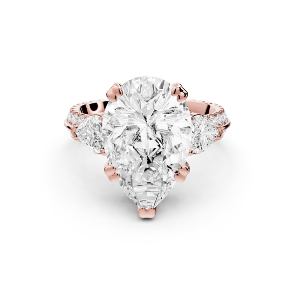 Elinor - 5ct 18k rose gold pear diamond Double talon prongs with two heart side stones and rollover pavé engagement ring - Mr. Alex Jewelry