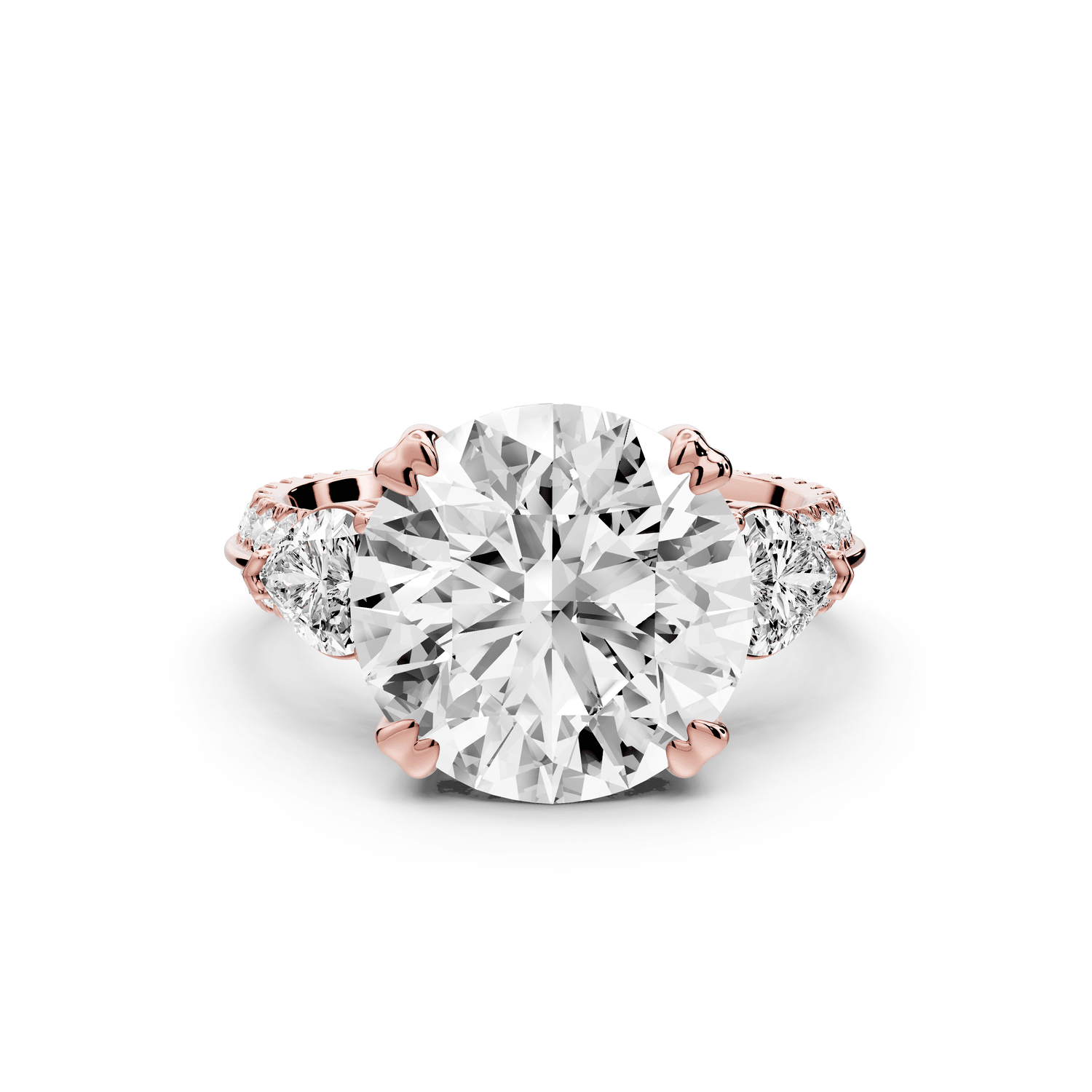Elinor - 5ct 18k rose gold round diamond Double talon prongs with two heart side stones and rollover pavé engagement ring - Mr. Alex Jewelry