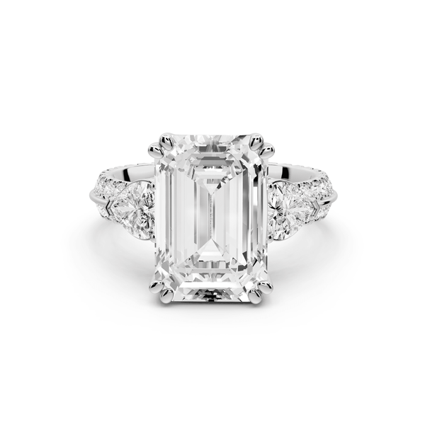 Elinor - 5ct 18k white gold emerald diamond Double talon prongs with two heart side stones and rollover pavé engagement ring - Mr. Alex Jewelry