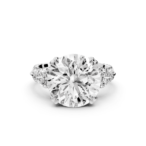 Elinor - 5ct 18k white gold round diamond Double talon prongs with two heart side stones and rollover pavé engagement ring - Mr. Alex Jewelry