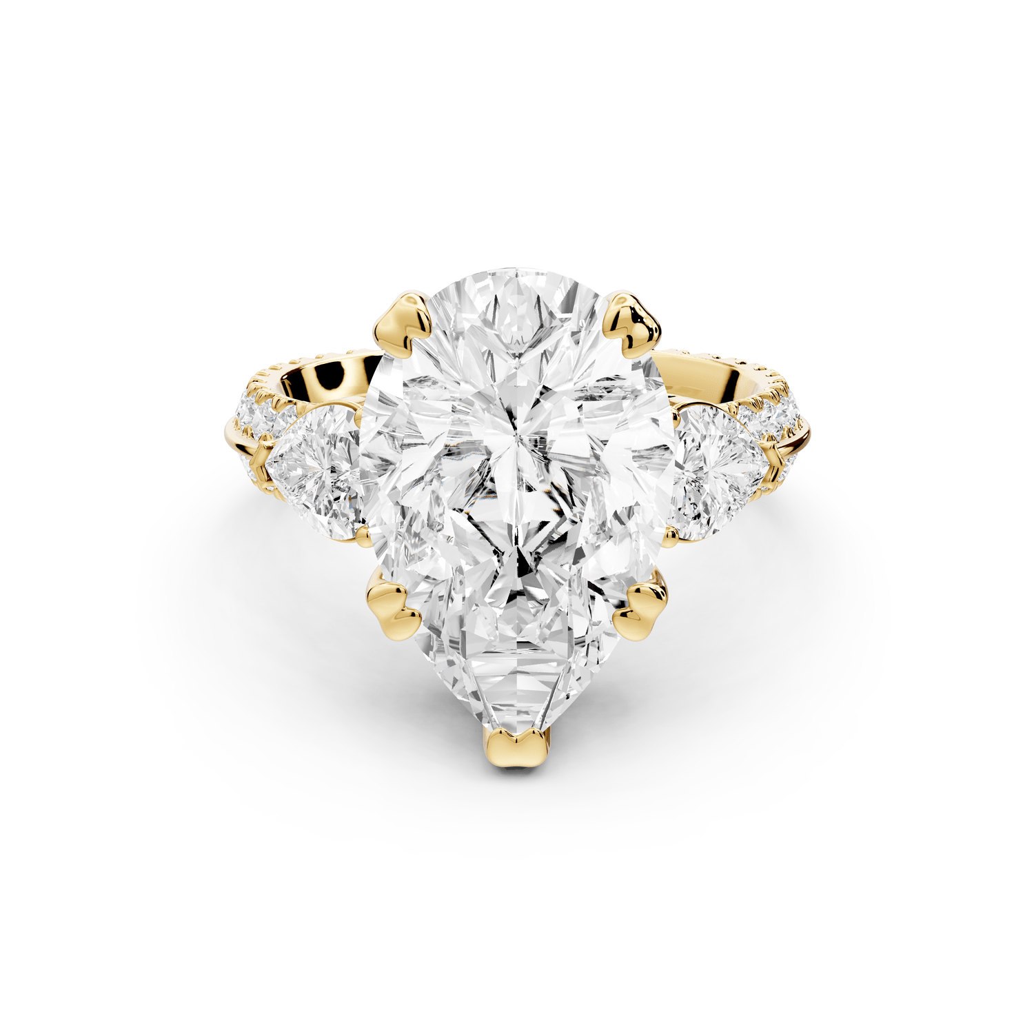Elinor - 5ct 18k yellow gold round diamond Double talon prongs with two heart side stones and rollover pavé engagement ring - Mr. Alex Jewelry