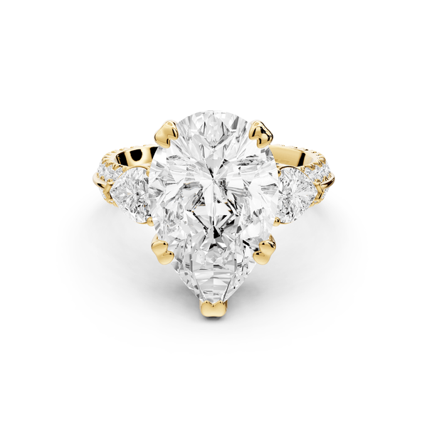 Elinor - 5ct 18k yellow gold round diamond Double talon prongs with two heart side stones and rollover pavé engagement ring - Mr. Alex Jewelry