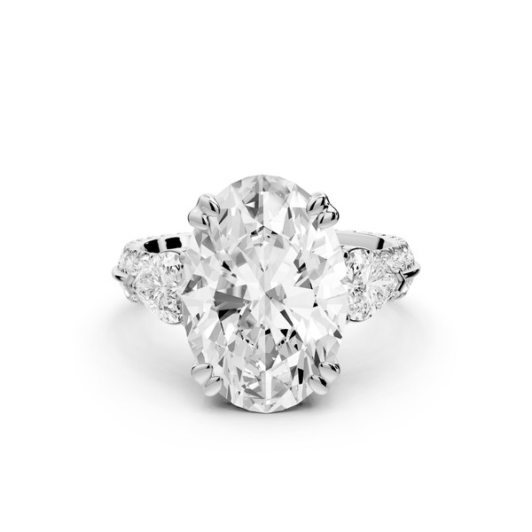 Elinor - 5ct platinum oval diamond Double talon prongs with two heart side stones and rollover pavé engagement ring - Mr. Alex Jewelry