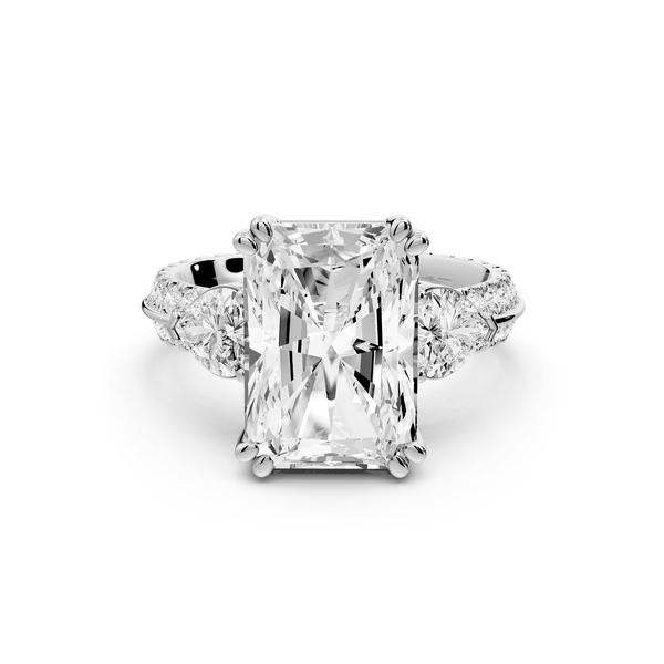 Elinor - 5ct platinum radiant diamond Double talon prongs with two heart side stones and rollover pavé engagement ring - Mr. Alex Jewelry
