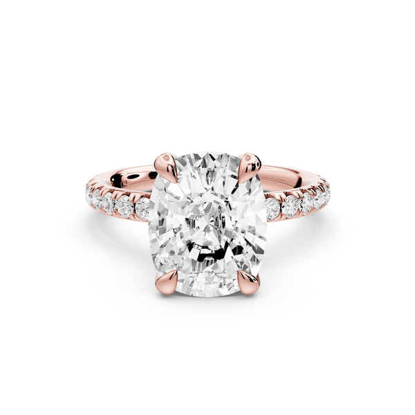 Elissa - 3ct 14k rose gold Ecushion Classic Solitaire Engagement Ring with Shared-Prong Pavé Band - Mr. Alex Jewelry