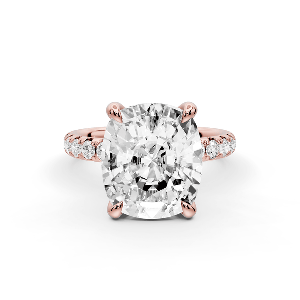 Elissa - 5ct 14k rose gold Ecushion Classic Solitaire Engagement Ring with Shared-Prong Pavé Band - Mr. Alex Jewelry