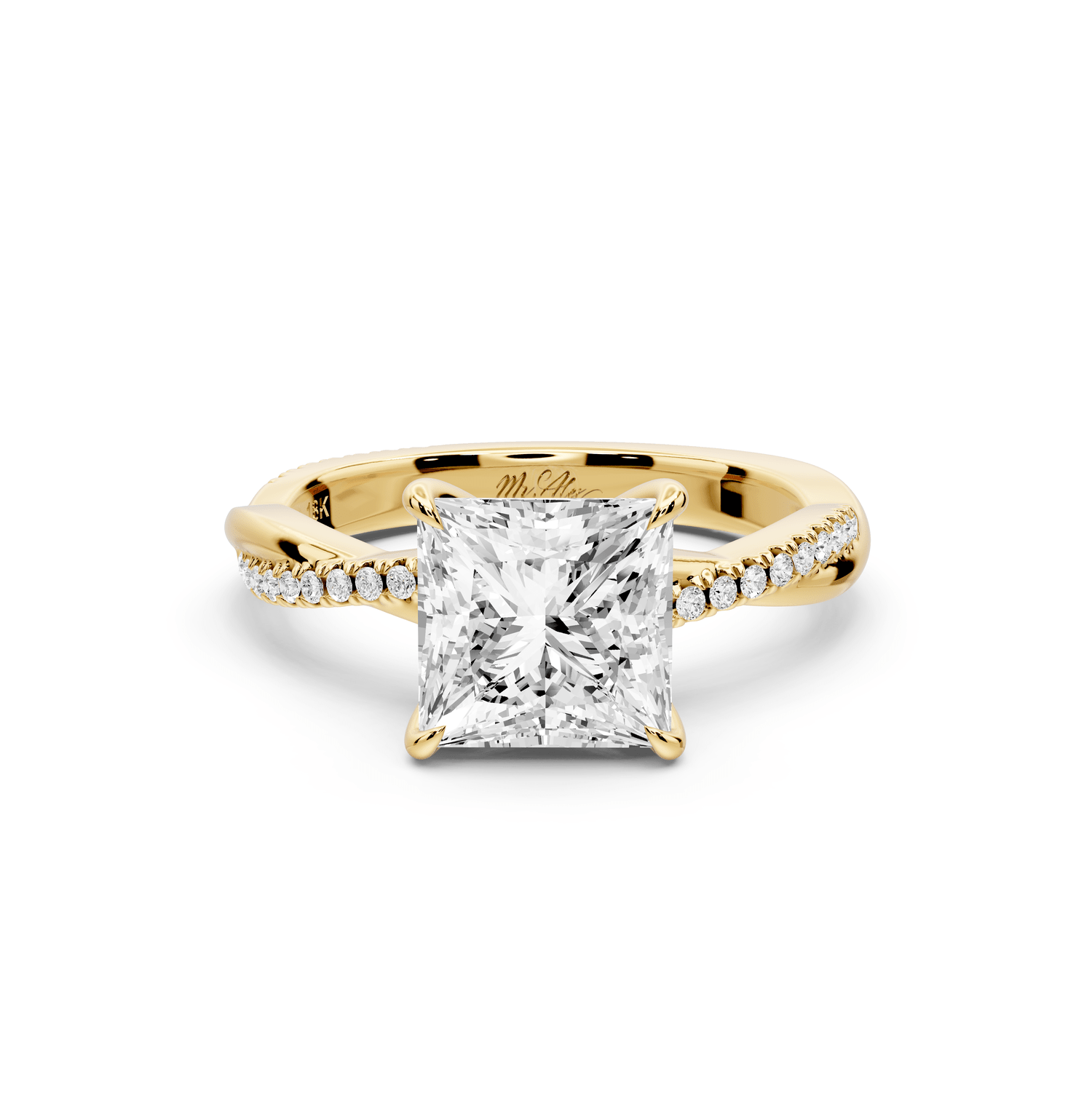 Ella - 2ct 18k yellow gold Princess Classic Solitaire Engagement Ring with Shared-Prong Pavé Band - Mr. Alex Jewelry