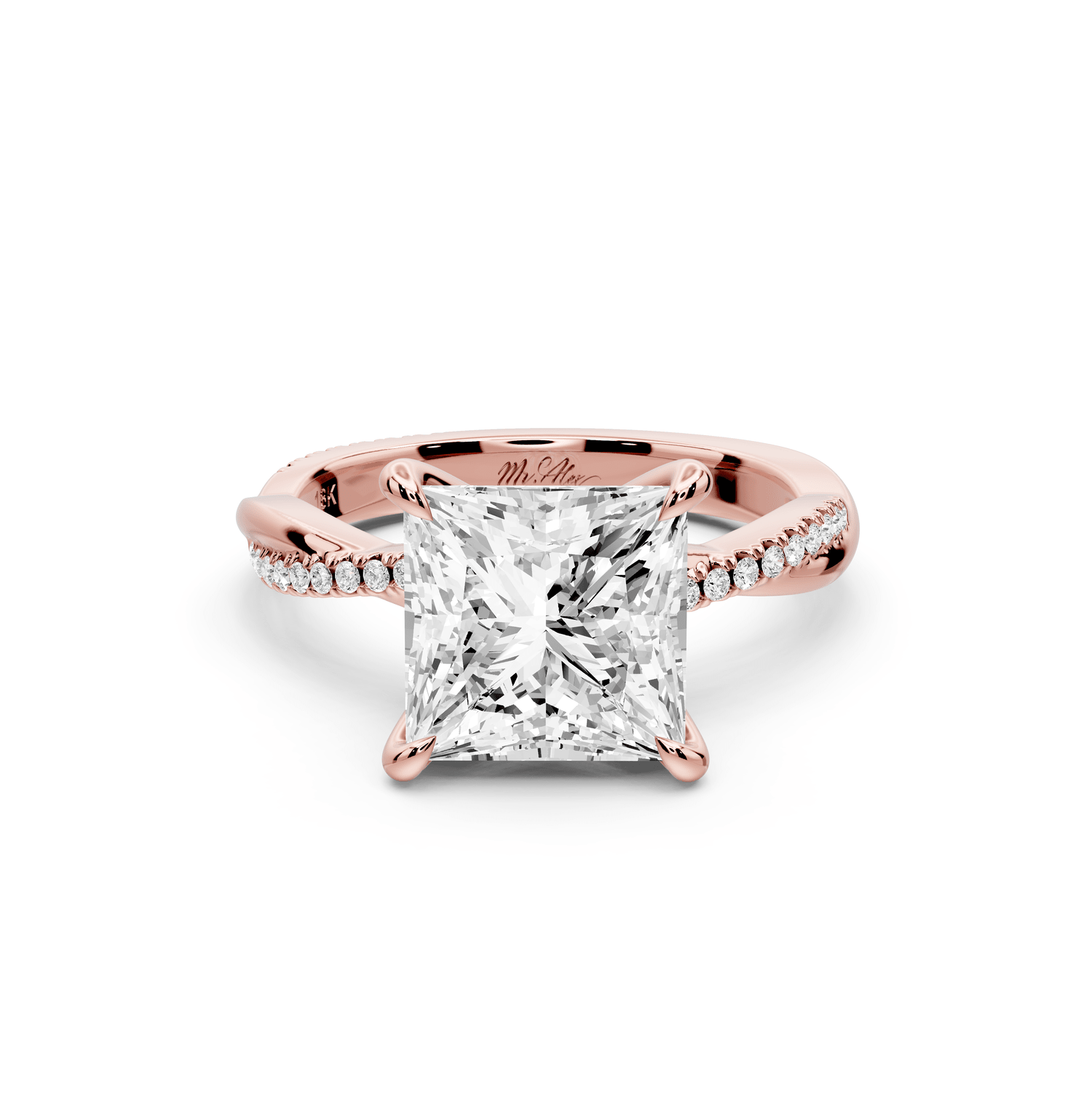 Ella - 3ct 14k rose gold Princess Classic Solitaire Engagement Ring with Shared-Prong Pavé Band - Mr. Alex Jewelry