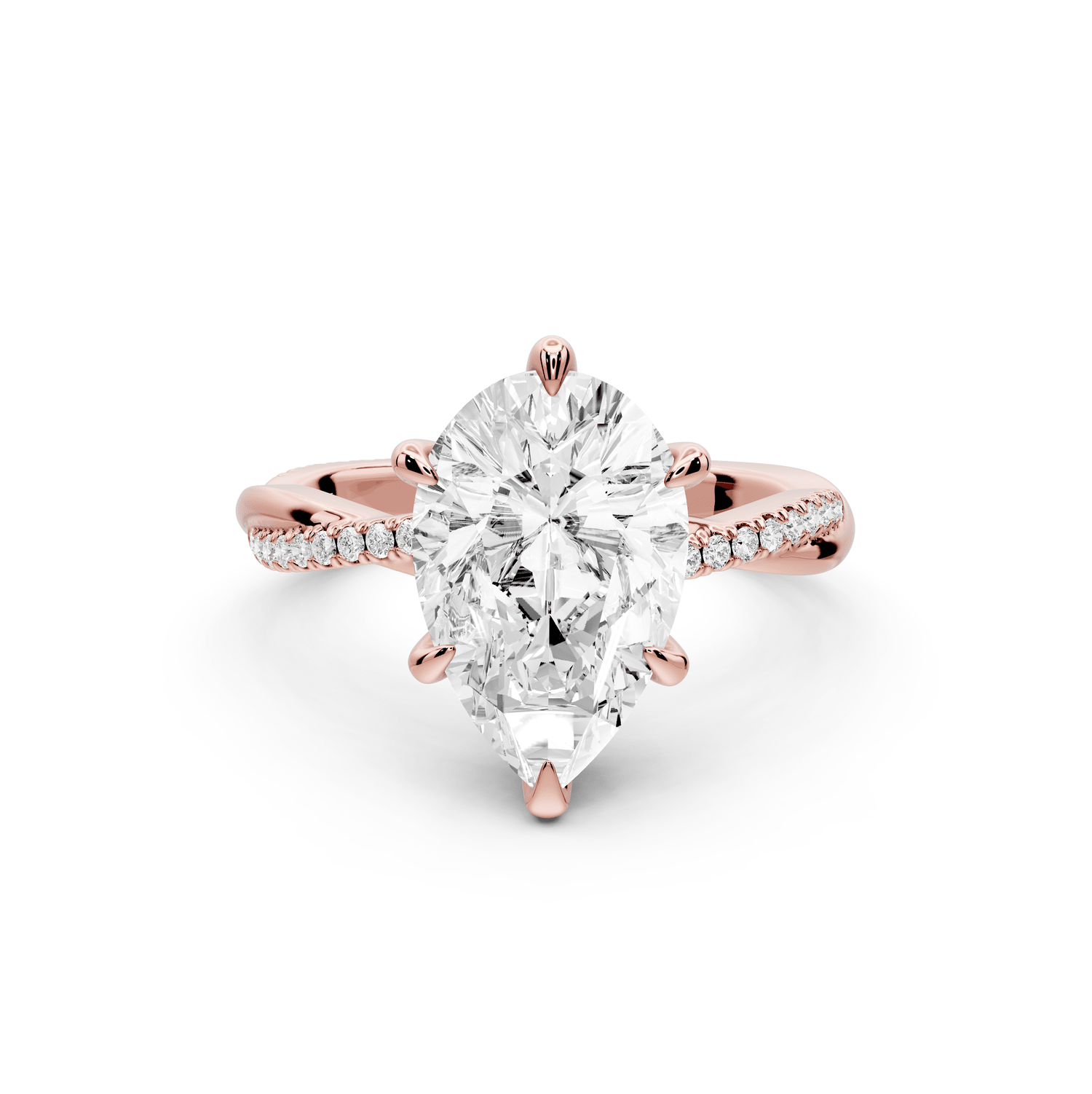 Ella - 3ct 18k rose gold Pear Classic Solitaire Engagement Ring with Shared-Prong Pavé Band - Mr. Alex Jewelry