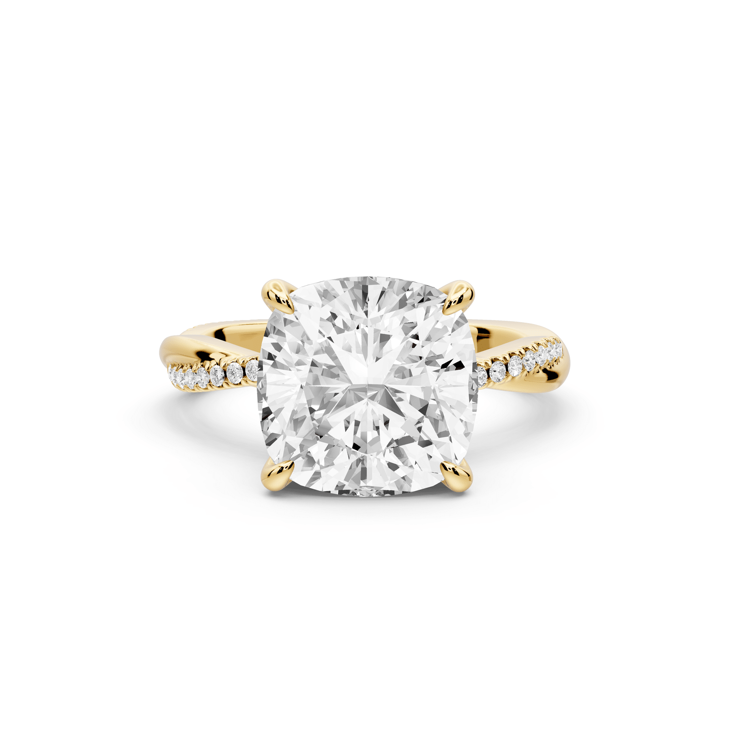 Ella - 4ct 18k yellow gold Cushion Classic Solitaire Engagement Ring with Shared-Prong Pavé Band - Mr. Alex Jewelry