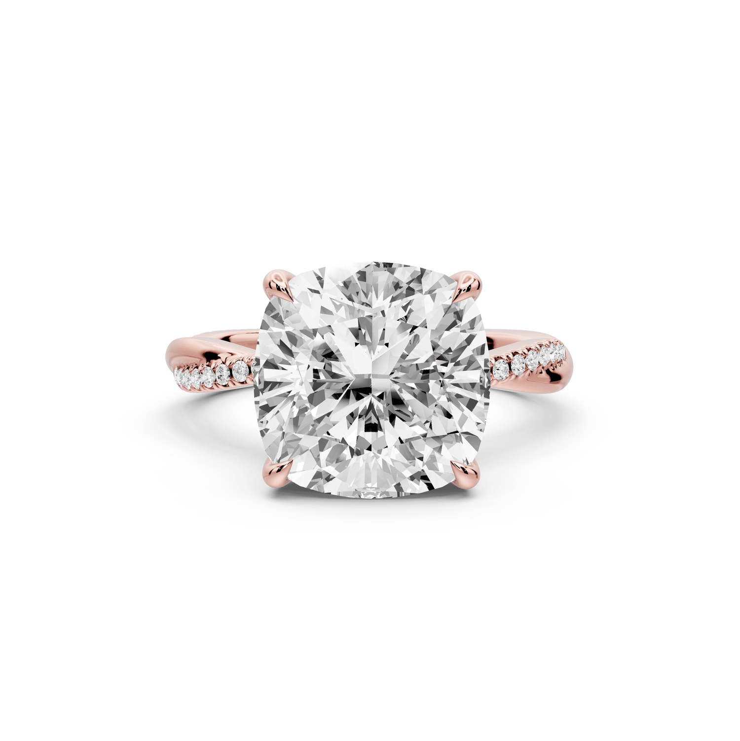 Ella - 5ct 18k rose gold Cushion Classic Solitaire Engagement Ring with Shared-Prong Pavé Band - Mr. Alex Jewelry
