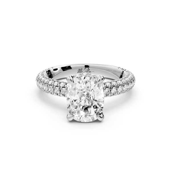 Emilia - 2ct 14k white gold ecushion Hidden Halo Diamond Crown Rollover Pavé Engagement Ring - Mr. Alex Jewelry