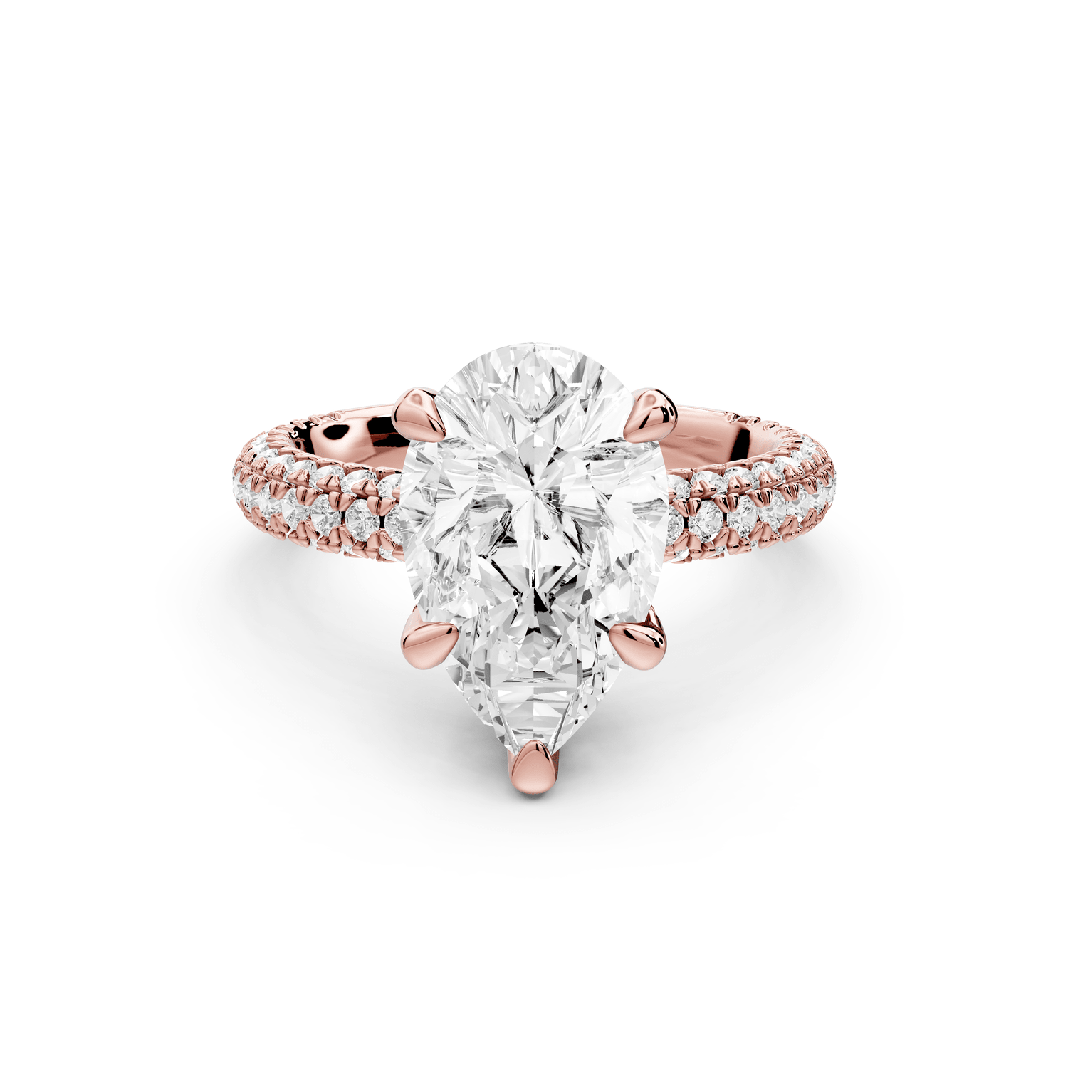 Emilia - 3ct 18k rose gold pear Hidden Halo Diamond Crown Rollover Pavé Engagement Ring - Mr. Alex Jewelry