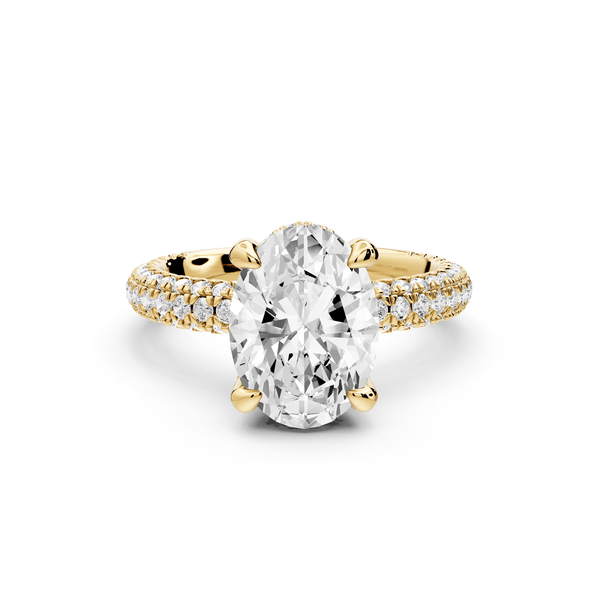 Emilia - 3ct 18k yellow gold oval Hidden Halo Diamond Crown Rollover Pavé Engagement Ring - Mr. Alex Jewelry