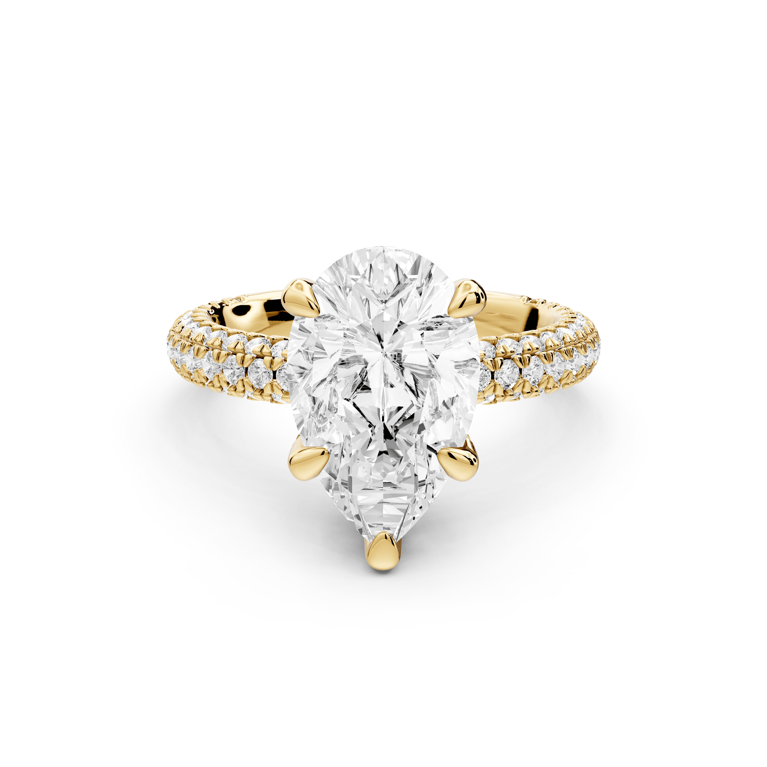 Emilia - 3ct 18k yellow gold pear Hidden Halo Diamond Crown Rollover Pavé Engagement Ring - Mr. Alex Jewelry