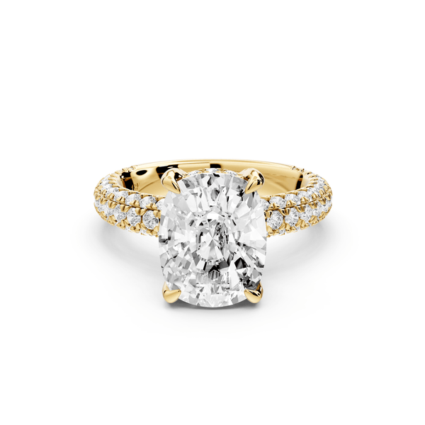 Emilia - 4ct 14k yellow gold ecushion Hidden Halo Diamond Crown Rollover Pavé Engagement Ring - Mr. Alex Jewelry