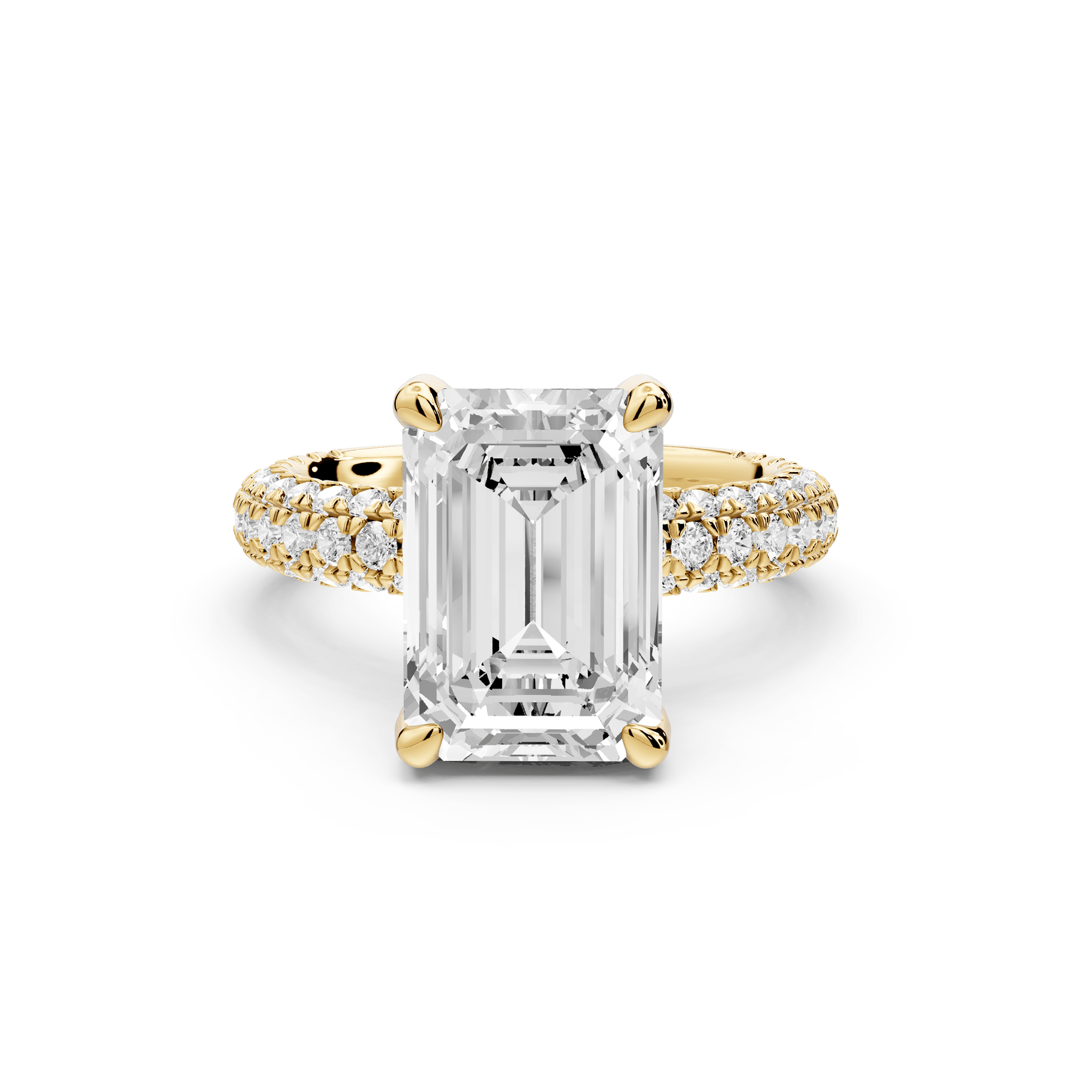 Emilia - 4ct 18k yellow gold emerald Hidden Halo Diamond Crown Rollover Pavé Engagement Ring - Mr. Alex Jewelry
