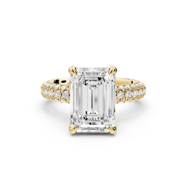 Emilia - 4ct 18k yellow gold emerald Hidden Halo Diamond Crown Rollover Pavé Engagement Ring - Mr. Alex Jewelry
