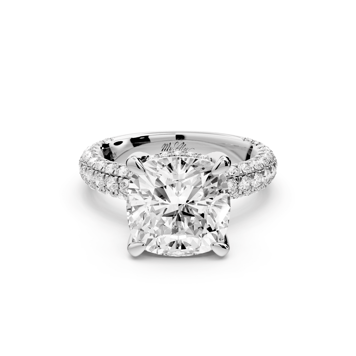 Emilia - 4ct platinum cushion Hidden Halo Diamond Crown Rollover Pavé Engagement Ring - Mr. Alex Jewelry