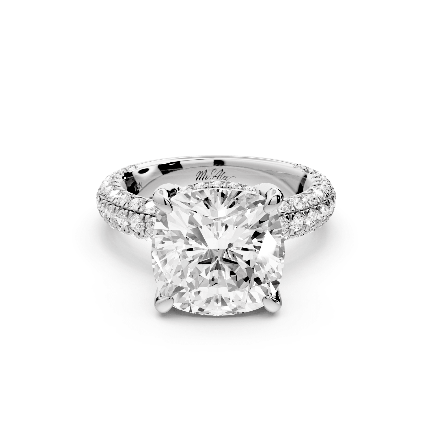 Emilia - 5ct 14k white gold cushion Hidden Halo Diamond Crown Rollover Pavé Engagement Ring - Mr. Alex Jewelry