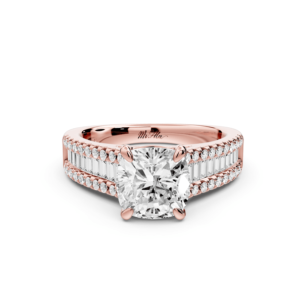Estelle - 2ct 14k rose gold cushion diamond with emerald and round cut accent stones half band cathedral engagement ring - Mr. Alex Jewelry