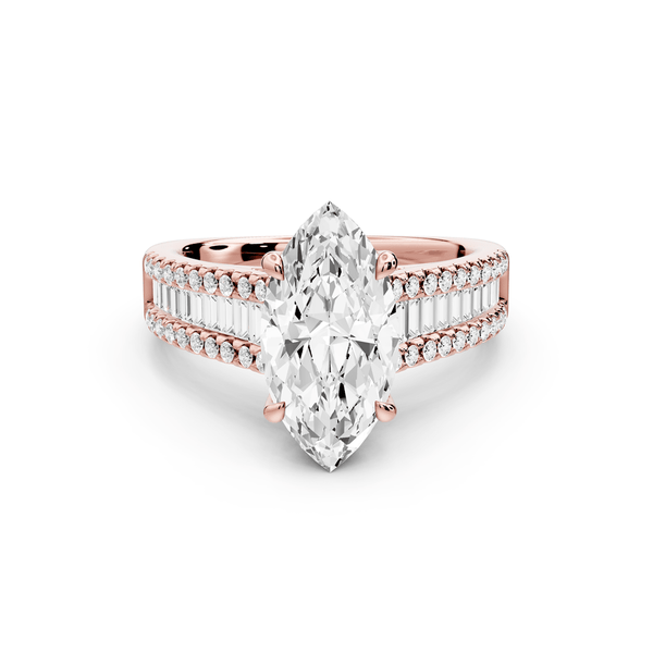 Estelle - 2ct 14k rose gold marquise diamond with emerald and round cut accent stones half band cathedral engagement ring - Mr. Alex Jewelry