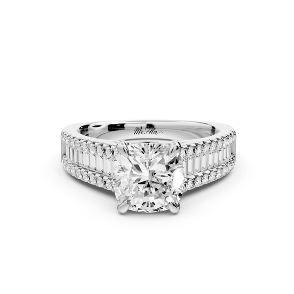 Estelle - 2ct 14k white gold cushion diamond with emerald and round cut accent stones half band cathedral engagement ring - Mr. Alex Jewelry