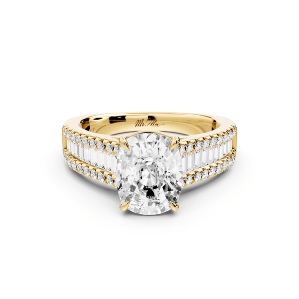 Estelle - 2ct 14k yellow gold ecushion diamond with emerald and round cut accent stones half band cathedral engagement ring - Mr. Alex Jewelry