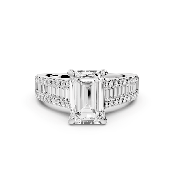 Estelle - 2ct 18k white gold emerald diamond with emerald and round cut accent stones half band cathedral engagamengt ring - Mr. Alex Jewelry