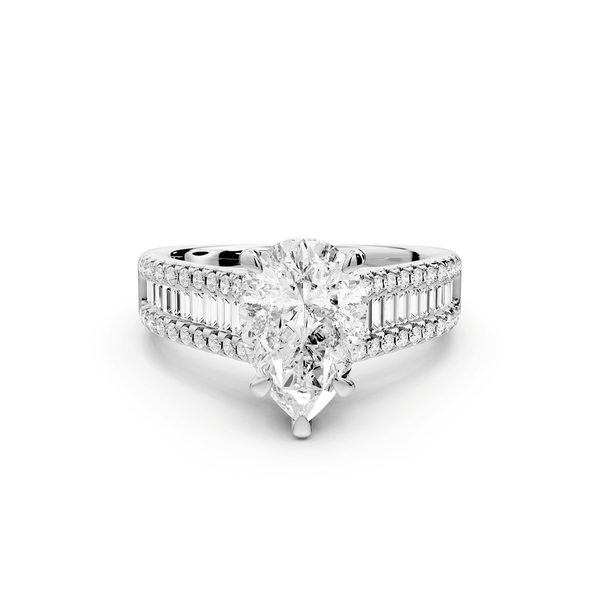 Estelle - 2ct 18k white gold pear diamond with emerald and round cut accent stones half band cathedral engagamengt ring - Mr. Alex Jewelry