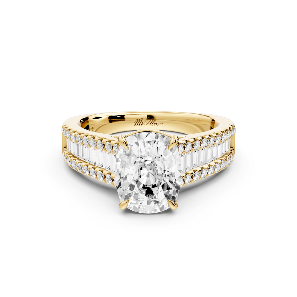 Estelle - 2ct 18k yellow gold ecushion diamond with emerald and round cut accent stones half band cathedral engagement ring - Mr. Alex Jewelry
