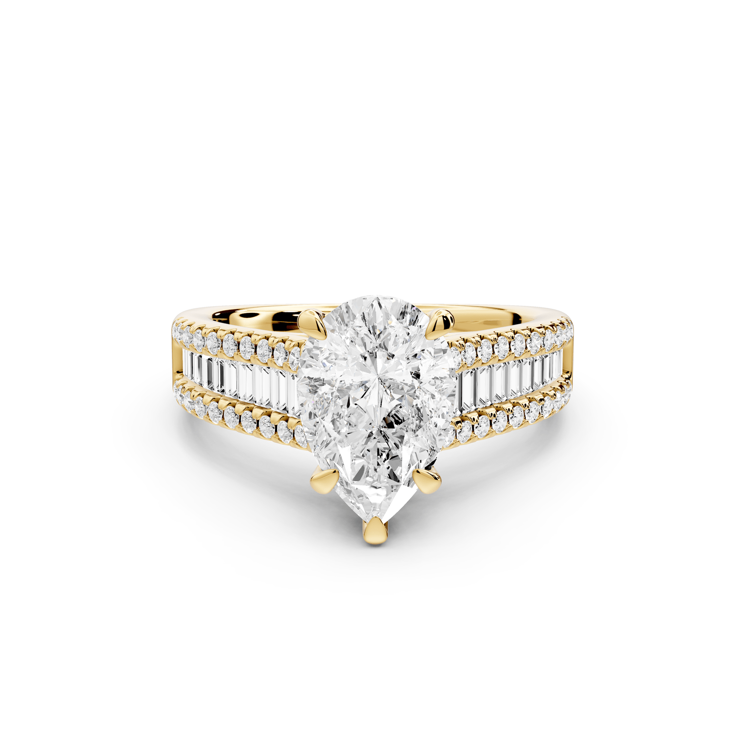 Estelle - 2ct 18k yellow gold pear diamond with emerald and round cut accent stones half band cathedral engagamengt ring - Mr. Alex Jewelry